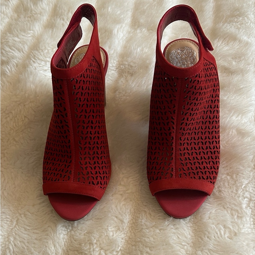 Vince Camuto Suede Red Laser-Cut Peep-Toe Slingback Heels